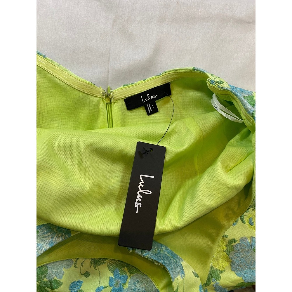 Lulus Ariadna Lime Green Floral‎ Jacquard Halter Mini Dress Size Large - Picture 12 of 15
